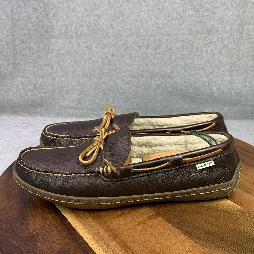 L.L. Bean Shoes Mens 11 Brown Leather Moccasin Fleece Lined Slippers Boat Preppy